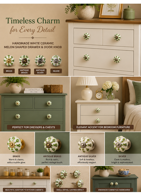 White Ceramic Melon Shaped Dresser Cabinet Knob With Green Design