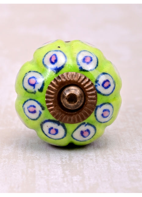 Lime Green Ceramic Dresser Cabinet Knob With White And Pink Design
