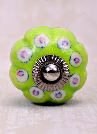 Lime Green Ceramic Dresser Cabinet Knob With White And Pink Design
