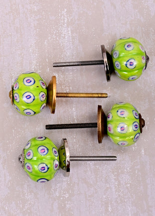 Lime Green Ceramic Dresser Cabinet Knob With White And Pink Design