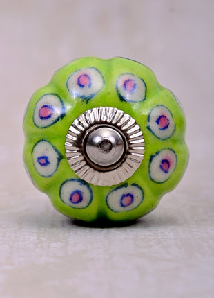 Lime Green Ceramic Dresser Cabinet Knob With White And Pink Design