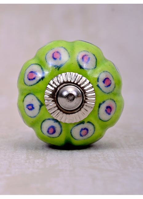 Lime Green Ceramic Dresser Cabinet Knob With White And Pink Design