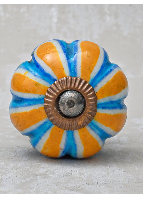 Yellow Flower On Turquoise Base Melon Shaped Cupboard Knob