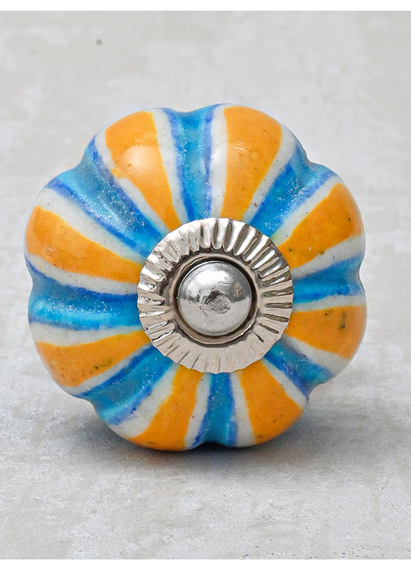 Yellow Flower On Turquoise Base Melon Shaped Cupboard Knob