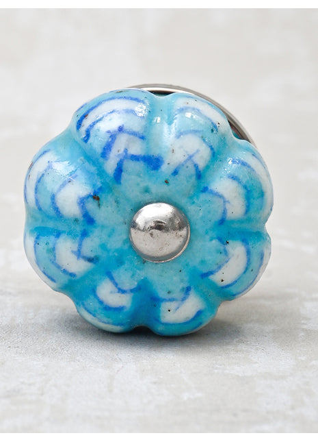 Flower Shaped Turquoise And White Textured Dresser Cabinet Knob