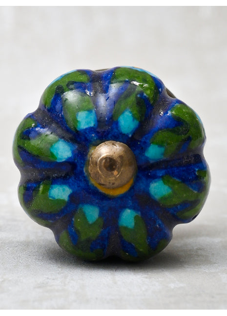 Turquoise Flower and Green Leafs with Blue Base color knob