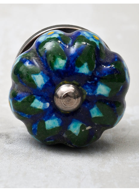 Turquoise Flower and Green Leafs with Blue Base color knob