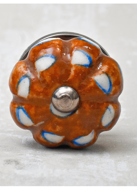 Melon Shaped Brown Dresser Cabinet Knob With White Design