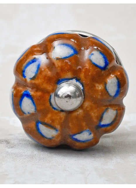 Melon Shaped Brown Dresser Cabinet Knob With White Design