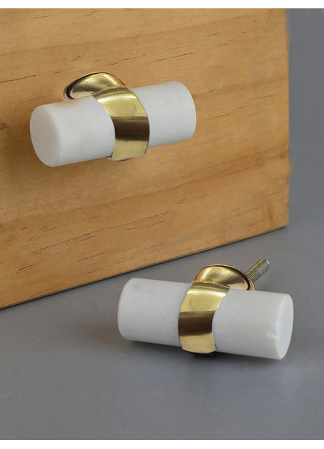 Antique Brass and Marble Stone White Cylinder Shape Cabinet Drawer Knob