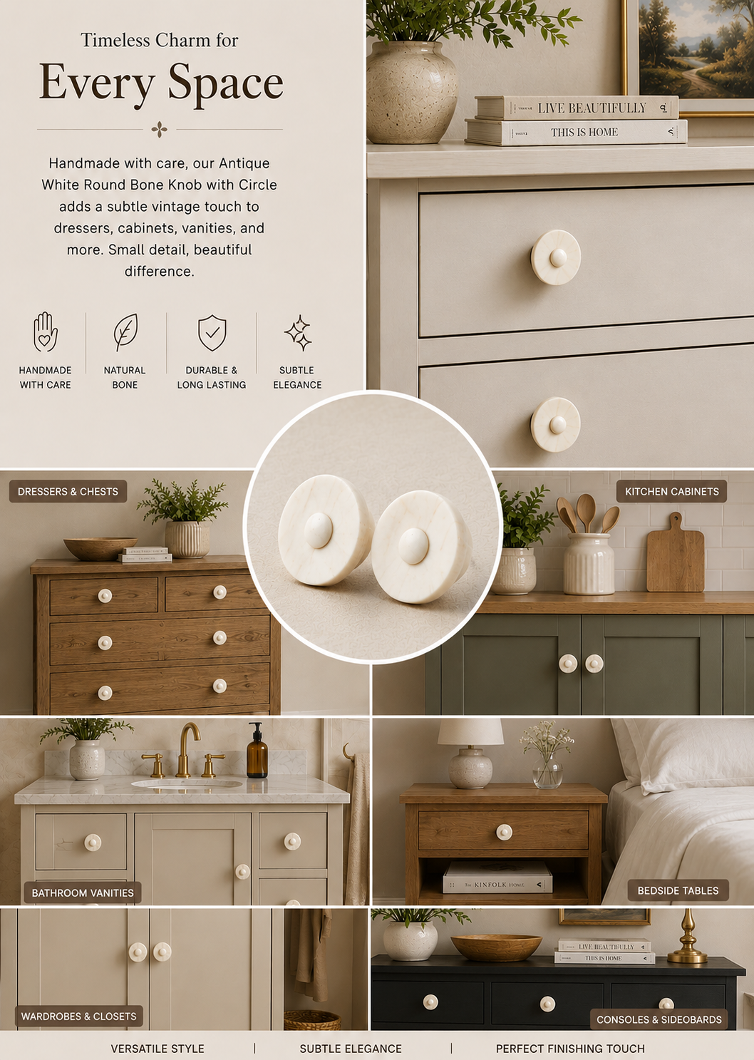 Antique White Round Bone Dresser Cabinet Knob With Circle
