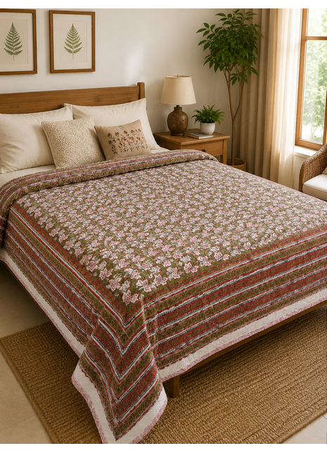 Hand Block Print Double-Sided Cotton Quilt – Soft Reversible Bedding
