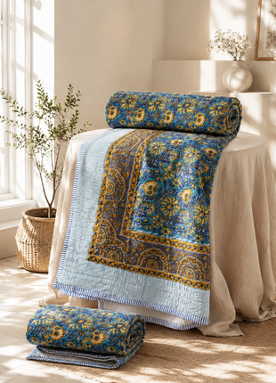 Hand Block Print Reversible Cotton Quilt – Double-Sided Floral Print Bedspread