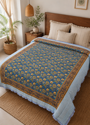Hand Block Print Reversible Cotton Quilt – Double-Sided Floral Print Bedspread
