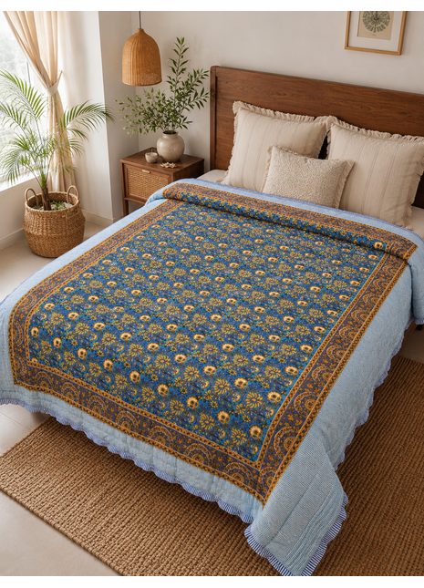 Hand Block Print Reversible Cotton Quilt – Double-Sided Floral Print Bedspread