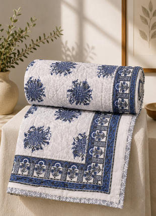Vintage Floral Reversible Cotton Quilt – Double-Sided Hand Block Print Blanket
