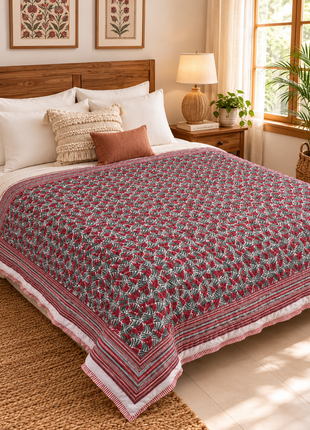 Hand Block Print Reversible Cotton Quilt – Double-Sided Floral Print Bedspread