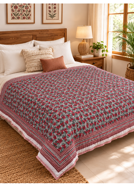 Hand Block Print Reversible Cotton Quilt – Double-Sided Floral Print Bedspread