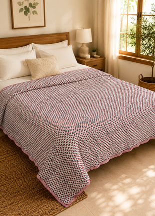 Hand Block Print Reversible Cotton Quilt – Double-Sided Floral Print Bedspread