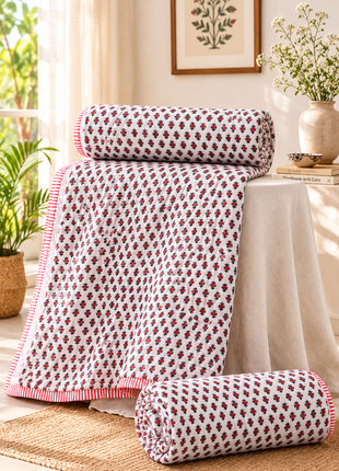 Hand Block Print Reversible Cotton Quilt – Double-Sided Floral Print Bedspread