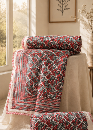 Hand Block Print Reversible Cotton Quilt – Double-Sided Floral Print Bedspread