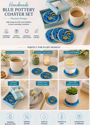 Blue Pottery Coaster Set - Round Turquoise, Blue, Yellow and Green Coasters with Peacock