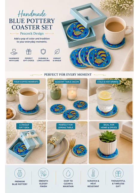 Blue Pottery Coaster Set - Round Turquoise, Blue, Yellow and Green Coasters with Peacock