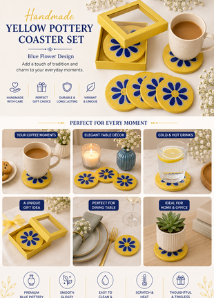Blue Pottery Coaster Set - Round Yellow Coasters with Blue Flower