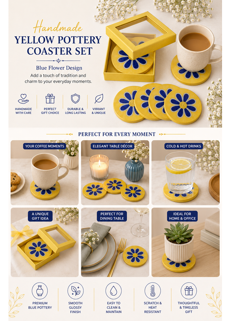 Blue Pottery Coaster Set - Round Yellow Coasters with Blue Flower