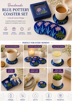 Lotus Flower design on blue base Coasters set of 4 pieces