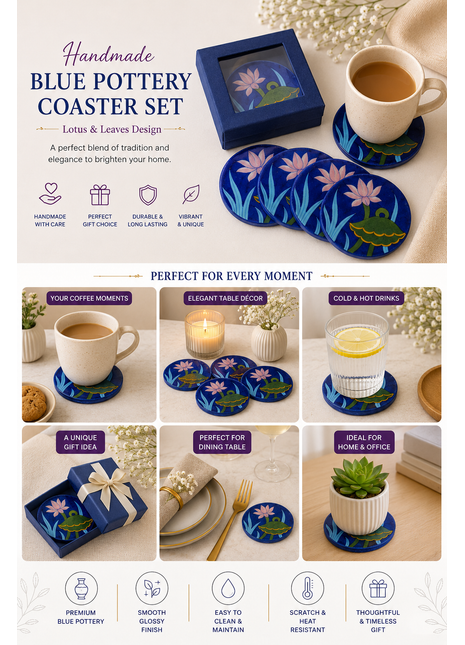 Lotus Flower design on blue base Coasters set of 4 pieces