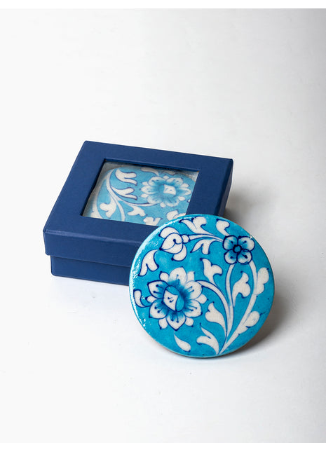 Turquoise Blue Pottery Coasters with Blue Flowers and Leaves Design( Set of 4 pieces)