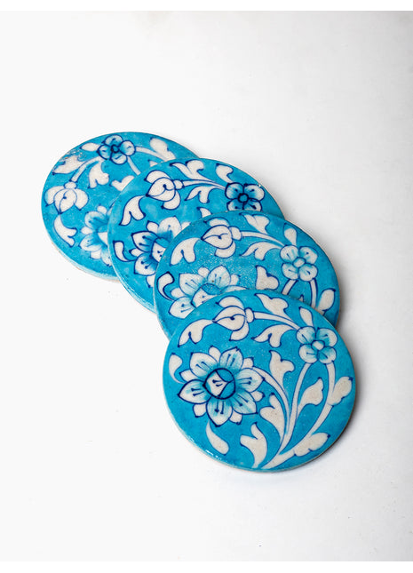 Turquoise Blue Pottery Coasters with Blue Flowers and Leaves Design( Set of 4 pieces)