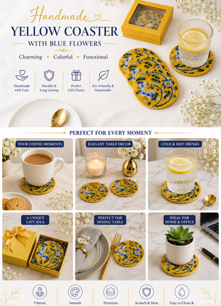 Yellow Coasters with Blue Flowers and Leaves Design( Set of 4 pieces)