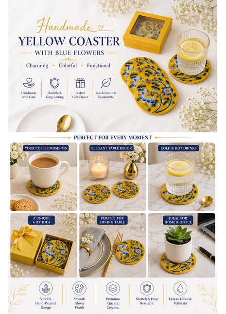 Yellow Coasters with Blue Flowers and Leaves Design( Set of 4 pieces)