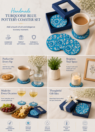 Turquoise Blue Pottery Coasters with Blue Flowers and Leaves Design( Set of 4 pieces)