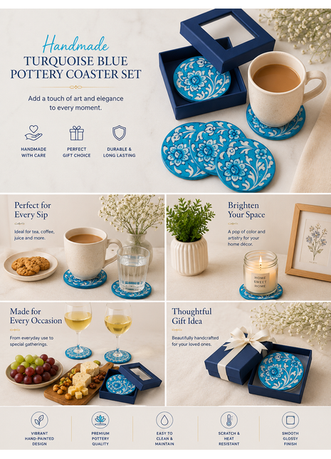 Turquoise Blue Pottery Coasters with Blue Flowers and Leaves Design( Set of 4 pieces)