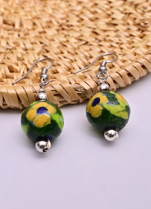 Handmade Single Bead Blue Pottery Earrings (Green)