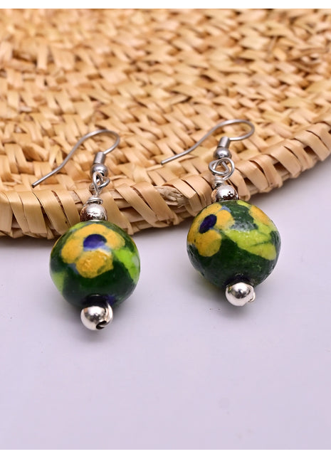 Handmade Single Bead Blue Pottery Earrings (Green)
