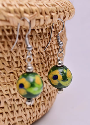Handmade Single Bead Blue Pottery Earrings (Green)