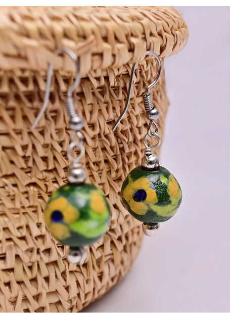 Handmade Single Bead Blue Pottery Earrings (Green)