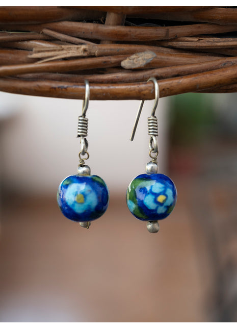 Handmade Single Bead Blue Pottery Earrings (Blue & Green)