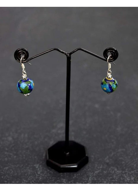 Handmade Single Bead Blue Pottery Earrings (Blue & Green)