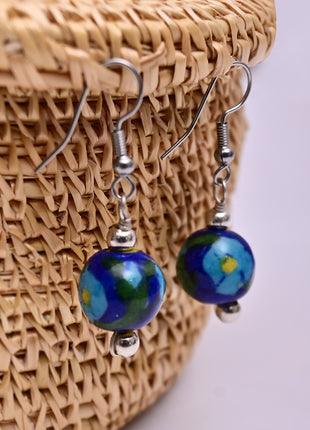 Handmade Single Bead Blue Pottery Earrings (Blue & Green)