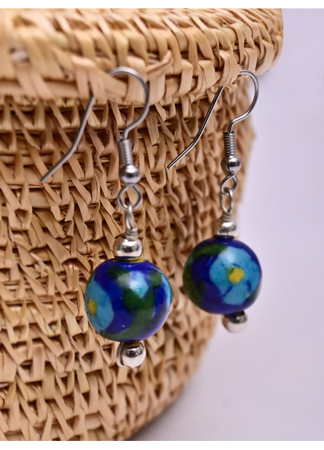 Handmade Single Bead Blue Pottery Earrings (Blue & Green)