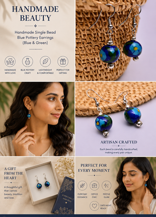 Handmade Single Bead Blue Pottery Earrings (Blue & Green)