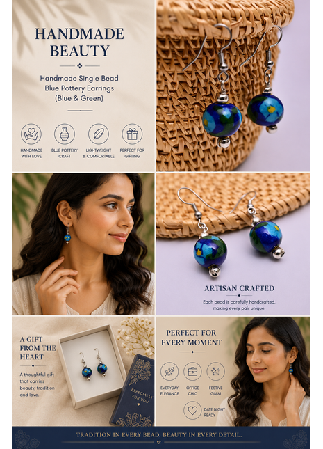 Handmade Single Bead Blue Pottery Earrings (Blue & Green)