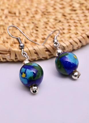 Handmade Single Bead Blue Pottery Earrings (Blue & Green)