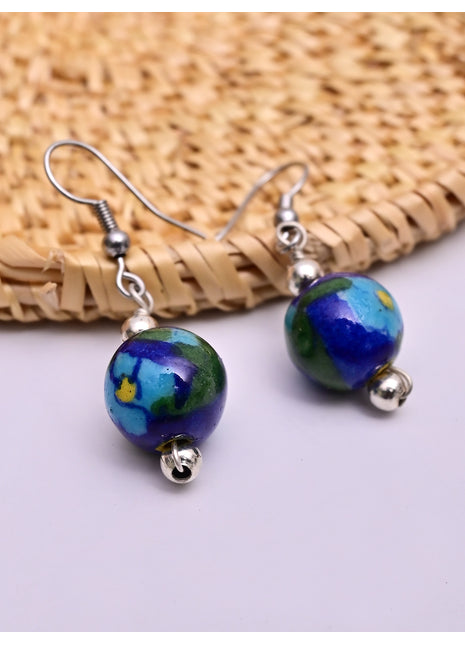 Handmade Single Bead Blue Pottery Earrings (Blue & Green)