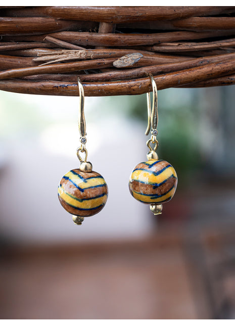 Handmade Single Bead Blue Pottery Earrings (Brown & Yellow)